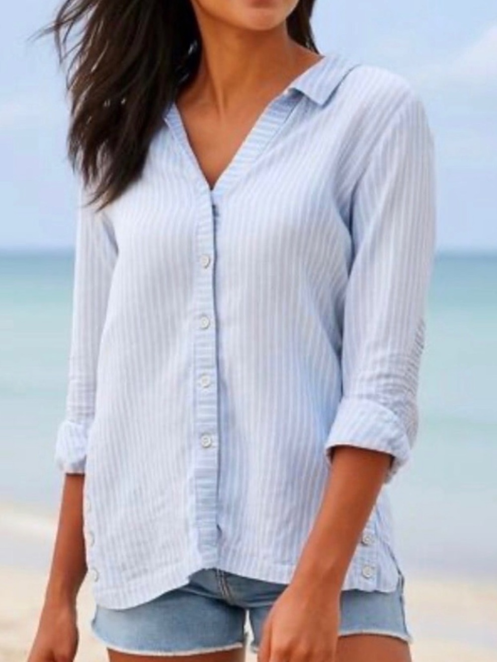 John Mark Button-Up 100% Linen Tunic Top Ruched Sleeves Blue Stripe L